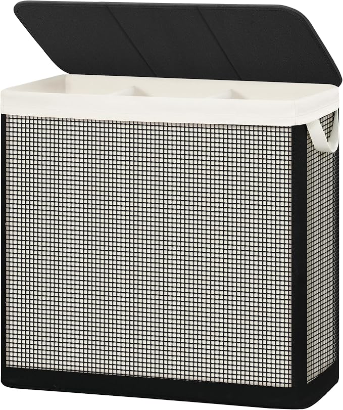 STO STO 3 Section Laundry Hamper with Lid, 180L Steel-Frame 3 Compartment Laundry Sorter with Removable Washable Liner, Breathable Large Laundry Basket for Bedroom, Bathroom, Laundry Room, Dorm