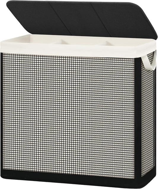 STO STO 3 Section Laundry Hamper with Lid, 180L Steel-Frame 3 Compartment Laundry Sorter with Removable Washable Liner, Breathable Large Laundry Basket for Bedroom, Bathroom, Laundry Room, Dorm