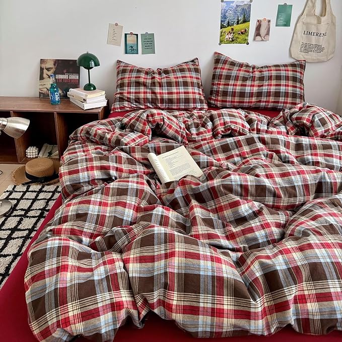mixinni Vintage Red & Brown Buffalo Plaid Duvet Cover Set King Size - 3 Piece Washed Cotton Bedding Set with Classic Checkered Pattern, Cozy Farmhouse Duvet Cover with Pillowcases for All Seasons