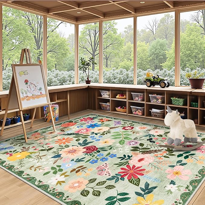 PLHXFR Area Rug Living Room: 4x6 Floral Washable Boho Soft Carpet Green | For Bedroom Dining Room Farmhouse Nursery Hallway,Vintage Floral,Machine washable,Non Slip,Stain Resistant,Large Indoor