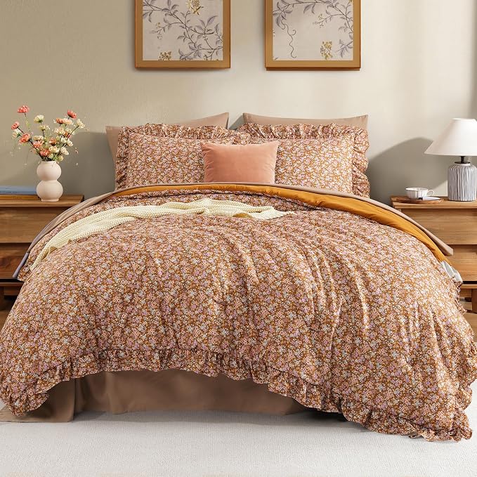 King Size Comforter Set-7 Pieces Floral Ruffle Bedding Set | Brown Ditzy Bed in a Bag, Soft Lightweight All Season Farmhouse King Size Bedding Sets with Sheets, Pillowcases & Shams