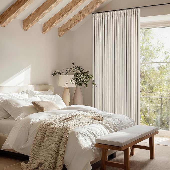 Natural Pinch Pleated Blackout 90 Inch Bedroom Curtain 70 Inch Wide 1 Panel | Thick Linen Dual Layer Soundproof, 100% Black Out Drapes, Farmhouse Window Curtains for Living Room, Hooks Rings Back Tab