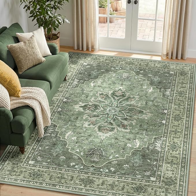RELEANY Washable Area Rug, 5'x7', Green/Dark Green/Gray | Non-Slip, Water Repellent, Pet Friendly, Easy to Clean, Vintage Floral Boho Decor for Living Room Bedroom Dining Room Office