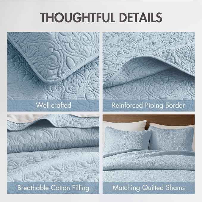 Madison Park King Quilt Bedding Set, Cottage-Inspired Damask, 3PC | All Season Quilted Coverlet, Classic Stitch Pattern Bedspread & Shams, Ultra Soft Microfiber Bedspread Set, Blue