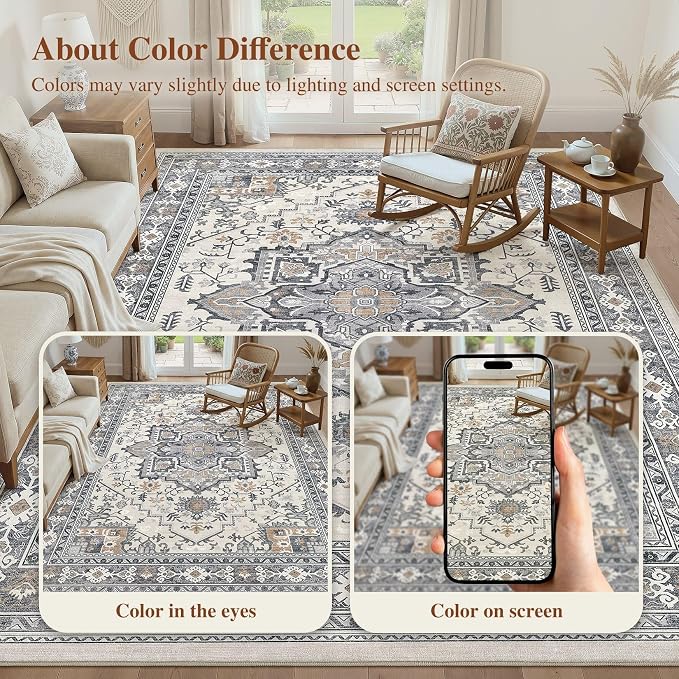 UERMEI 9x12 Area Rug Living Room Rugs - Washable Vintage Soft Large Rug Indoor Floor No Slip Rug Carpet for Bedroom Farmhouse Under Dining Table Home Office Decor - Grey-Orange