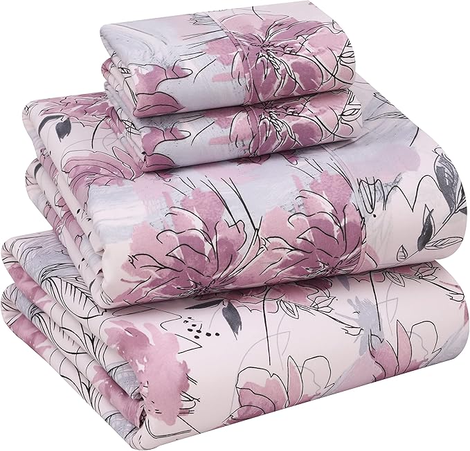 RUVANTI 100% Cotton Percale Sheets Full Size, Lilac Floral | Crisp Cooling, Deep Pocket 16", Soft Breathable & Durable, Hotel-Style, 4 Piece Set