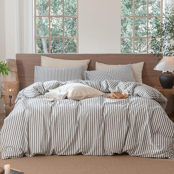 MooMee Striped Duvet Cover Set 100% Washed Cotton Linen Like Cal King | Relaxed Linen-like Texture. Soft, Breathable & Long-lasting Comfort. Lightweight. Hidden Zipper with 8 Interior Corner Ties