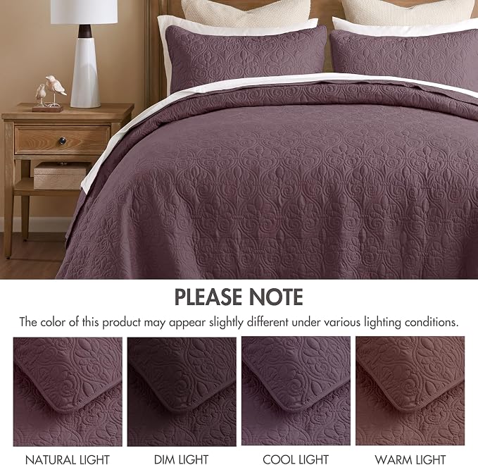 Madison Park King Quilt Bedding Set, Cottage-Inspired Damask, 3PC | All Season Quilted Coverlet, Classic Stitch Pattern Bedspread & Shams, Ultra Soft Microfiber Bedspread Set, Purple