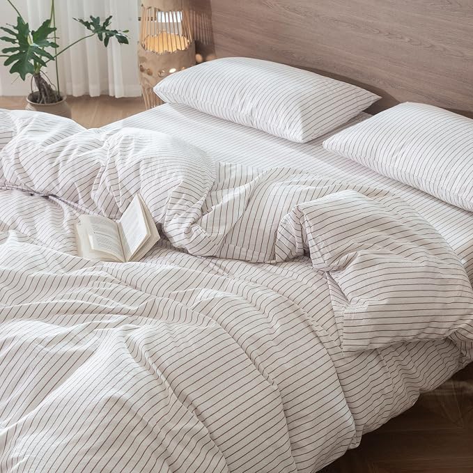 MooMee Striped Duvet Cover Set 100% Washed Cotton Linen Like King | Relaxed Linen-like Texture. Soft, Breathable & Long-lasting Comfort. Lightweight. Hidden Zipper with 8 Interior Corner Ties