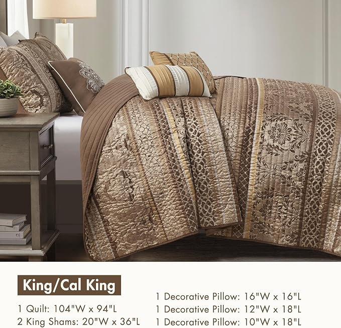 Madison Park Traditional Jacquard Quilt Set, 6PC King/Cal King Coverlet | Damask Design, All Season, with Shams, Decorative Pillows, Lightweight, Reversible, Brown/Gold