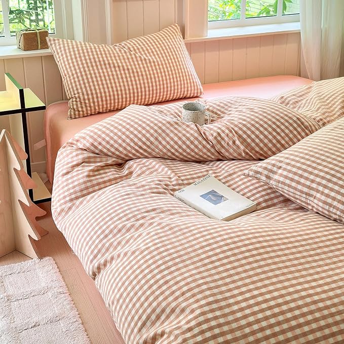 LifeTB Pink Gingham Comforter Set Full Modern Style Pink Plaid Comforter Set 3 Pieces Grid Checkered Pattern Comforter with 2 Pillowcases Fluffy Boho Farmhouse Gingham Bedding Comforter Full