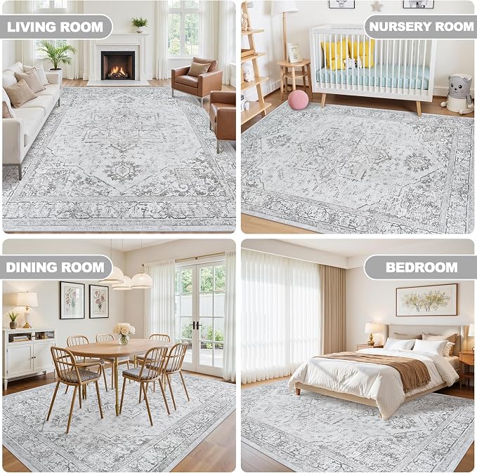 8x10 Washable Area Rugs for Living Room Grey Non-Slip Rug | Vintage Medallion Rug，Soft Low Pile Large Rugs，Indoor Retro Carpet for Bedroom Nursery Dining Table Farmhouse Home Office