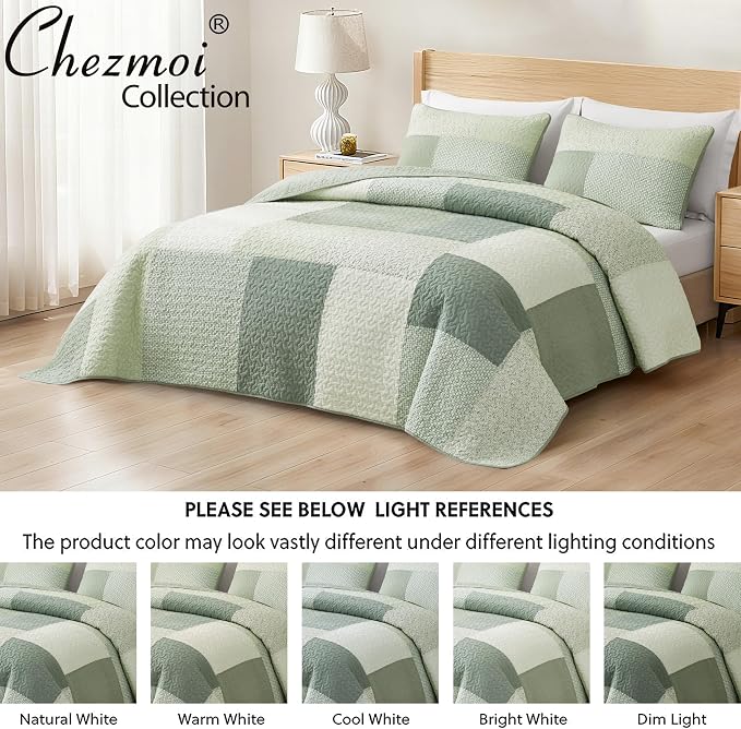 Chezmoi Collection Elm 3-Piece Chic Patchwork Quilt Set - Green Floral Striped Coverlet - Pre-Washed Cotton Lightweight Reversible Bedspread, Queen Size