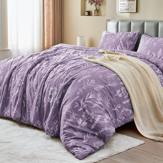 MUXHOMO Duvet Cover Twin/Twin XL Size Set, Reversible Floral Grayish Purple Duvet Cover with Zipper Closure, 2 Pieces Botanical Patterns Soft Bedding Set with 4 Ties (68"x90", 1 Pillow Case)