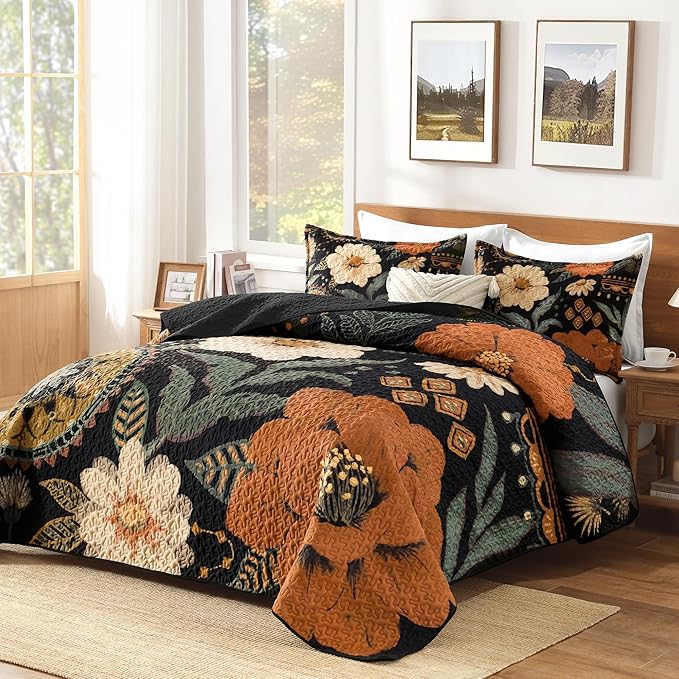 Quilt Queen Size, Black Floral Boho Summer Bedspread 3 Pieces | Brown Flower Botanical Summer Bedspreads with 2 Shams, Reversible Polyester Coverlet Set for All Seasons, 96"x90"