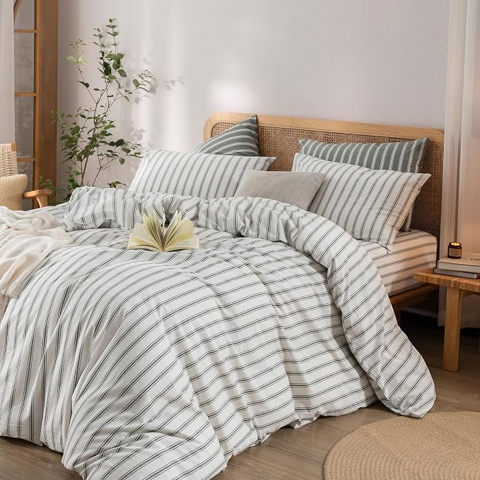 BESTOUCH Striped Cotton Duvet Cover Set Linen Feel California King | 100% Washed Cotton, Soft Wrinkle Texture, Hidden Zipper, 8 Ties, Breathable Lightweight Durable Comfy, 3 Pcs No Insert