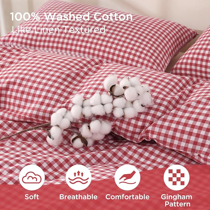 TOCOMOA Red Gingham Duvet Cover Set 100% Washed Cotton Like Linen, Queen | Linen-Like Feel Soft, Breathable & Comfy for All Season. Lightweight Bedding Set with Zipper & 8 Ties. 3 Pcs, No Insert