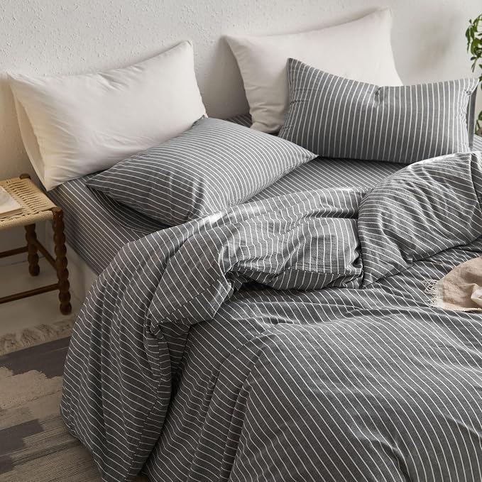 MooMee Striped Duvet Cover Set 100% Washed Cotton Linen Like Queen | Relaxed Linen-like Texture. Soft, Breathable & Long-lasting Comfort. Lightweight. Hidden Zipper with 8 Interior Corner Ties