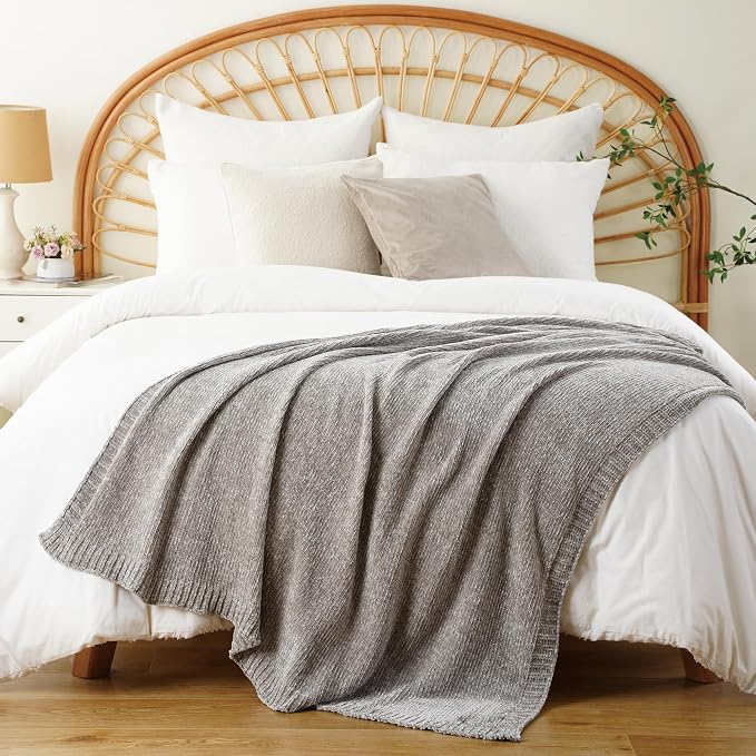 Chenille Throw Blanket for Couch Sofa, Light Grey Throw Blanket 51"x67" | Shiny Chenille Blanket, Soft Cozy Gray Knit Throw Blanket, Knitted Chenille Throw Blanket for Chair, Living Room, Home Decor