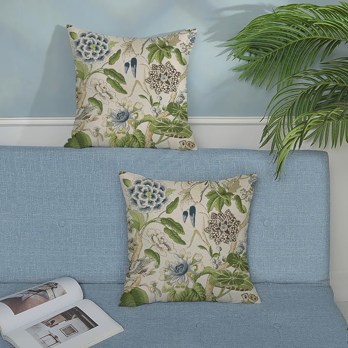 Sage Green Boho Pillow Covers 18x18 Inch 2 Pcs Blue Green Vintage Floral Bird Decor Throw Pillows Chinoiserie Flower Seasonal Outdoor Farmhouse Pillowcase Linen Cushion Cover for Couch Sofa