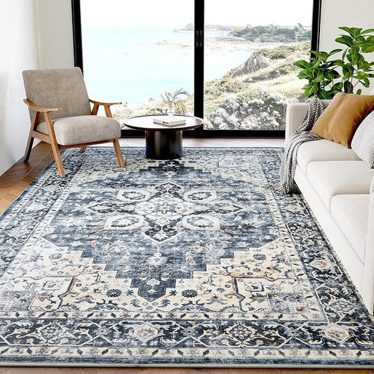 AMADA HOMEFURNISHING 5x7 Area Rugs, Washable Living Room Rug Low-Profile with Non-Slip Backing & Durable Edge Binding, Vintage 5x7 Rugs for Living Room, Bedroom, Dinning Room