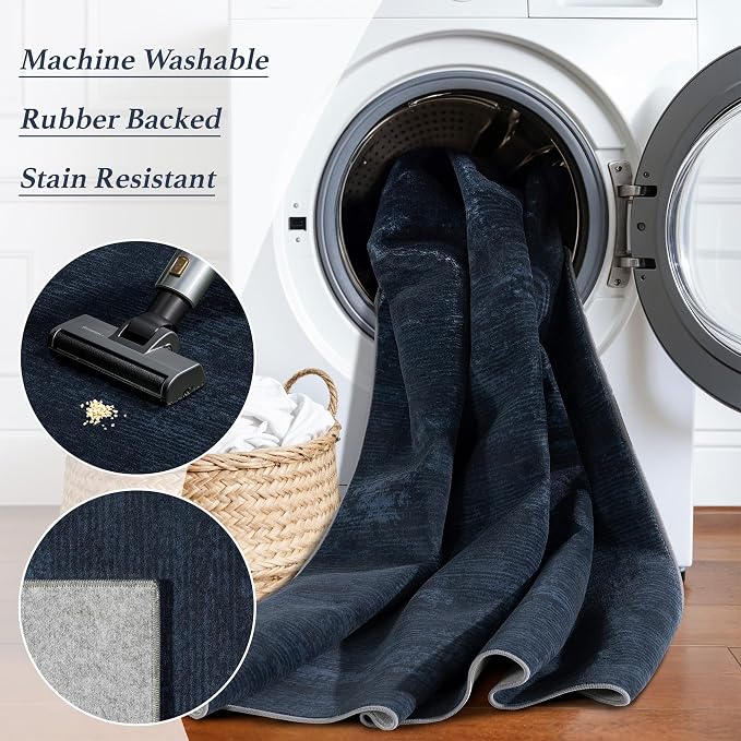 3x5 Washable Area Rug, Navy Blue Solid Area Rugs for Living Room & Bedroom | Stain-resistant & Non-slip backing,Low Pile Washable Large Carpet, Solid Vintage Style For High Traffic Areas(3x5,Navy Blue)
