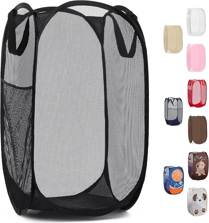 Handy Laundry Collapsible Mesh Pop Up Hamper with Wide Opening and Side Pocket - Breathable, Sturdy, Foldable, and Space-Saving Design for Clothes and Storage (Black)