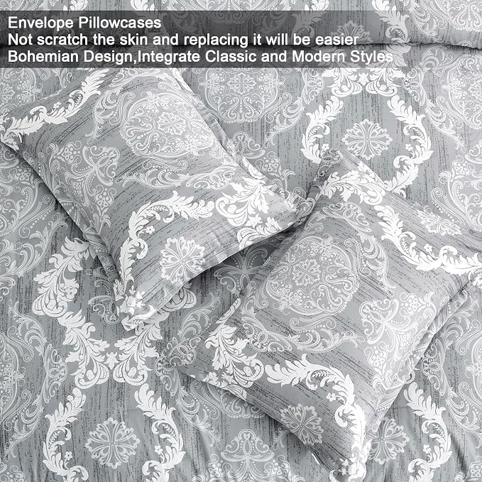 WONGS BEDDING Grey Comforter Set King Size Damask Texture 7 Pieces Gray Bed in a Bag Soft Microfiber Boho Comforter Bedding Sheet Set Comforter Flat Sheet Fitted Sheet Pillow Shams Pillowcases