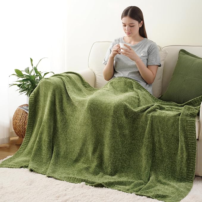 Green Chenille Throw Blanket for Couch, Soft Knit Throw Blanket 51"x67" | Shiny Chenille Blanket, Decorative Soft Moss Green Blankets for Bed Sofa Living Room
