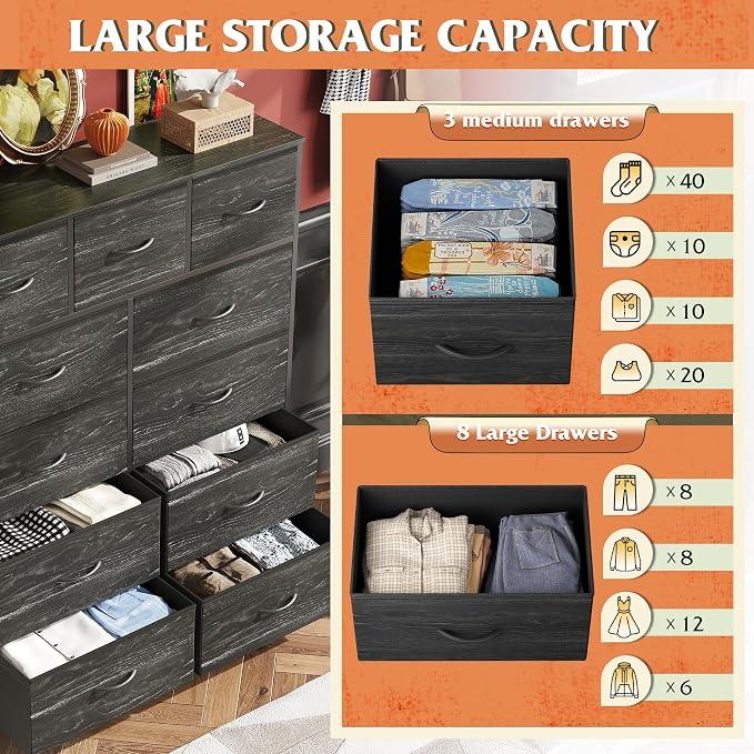 WLIVE Tall Dresser for Bedroom, 11 Drawer Fabric Dresser, Black Wood Grain | 11 fabric storage drawers, Tall high-capacity design, Bedroom or dorm use, Chest of drawers, Smooth wood tabletop