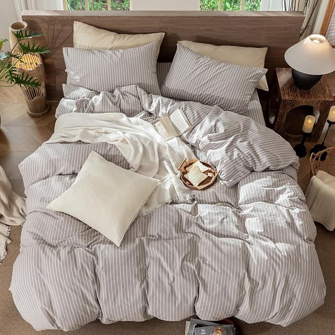 MooMee Striped Duvet Cover Set 100% Washed Cotton Linen Like Queen | Relaxed Linen-like Texture. Soft, Breathable & Long-lasting Comfort. Lightweight. Hidden Zipper with 8 Interior Corner Ties