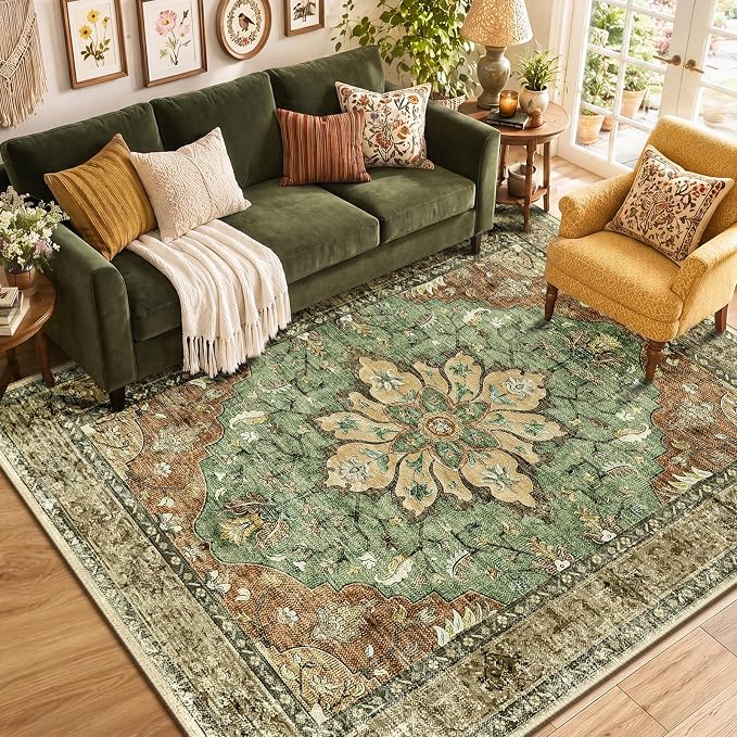 RELEANY Washable Area Rug, 6'x9', Brick/Brown/Green | Non-Slip, Water Repellent, Pet Friendly, Easy to Clean, Vintage Floral Boho Decor for Living Room Bedroom Dining Room Office