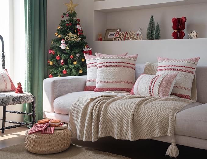 Christmas Lumbar Pillow Covers 14x36 Inch Long, Red Textured Boho Christmas Decoration Pillow Cases for Farmhouse Home Decor, Accent Cushion Cover for Sofa, Bed, Living Room, Bedroom, Pack of 1
