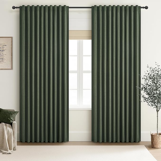 Dark Olive Green Curtains 70 Inch Length Extra Wide Pleated Black Out 102 Inch Long for Living Room, Linen Thick Sliding Glass Door Heavy Duty Insulated Large Window Drapes (70"Wx102"Lx 2Panels Loden)