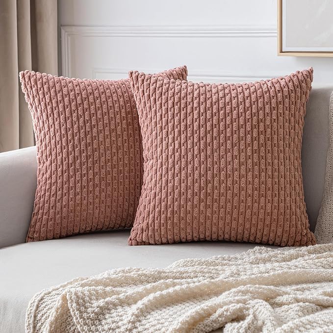 MIULEE Decorative Throw Pillow Covers 18x18 Blush Pink Textured Corduroy | Pack of 2 Striped Pillow Covers Modern Farmhouse Home Decor for Couch Bed Sofa Living Room