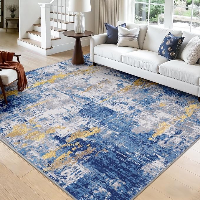RELEANY Washable Square 9'x9' Area Rug for Living Room Blue Gold | Carpet for Bedroom, Kitchen, Office, Hallway and Entryway, Printed Pattern, Non‑Slip, Soft, Stain‑Resistant, Easy to Clean