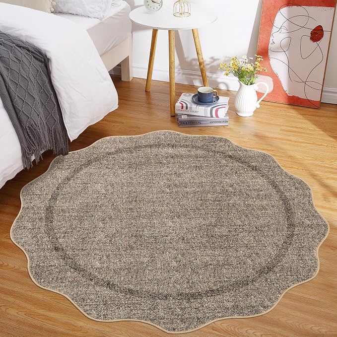 GarveeHome Scalloped Round Area Rugs Washable Small Round Rug 3ft Non-Slip | Soft Boho Ultra-Thin Circle Low Pile Stain Resistant Carpet for Bedroom Entryway Kitchen Laundry Bathroom
