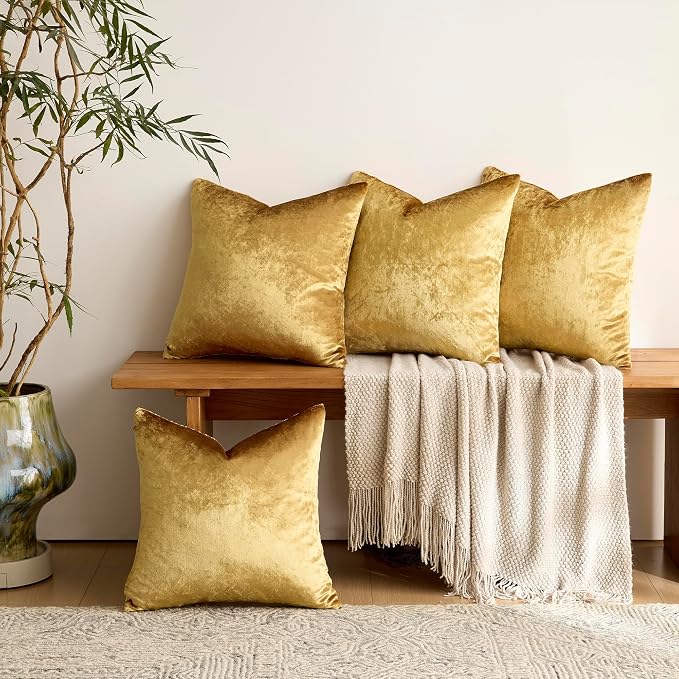 GIGIZAZA Pack of 4 Gold Decorative Velvet Pillow Covers 16x16 | Throw Pillows for Couch Sofa,300gsm Soft Thick Fabric,Modern Accent Pillowcases,Luxury Living Room Cushion Covers