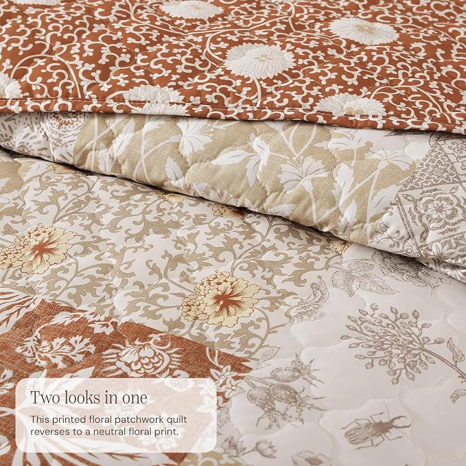 Queen Quilt Set-3 Pieces Soft Bedding Lightweight Floral Patchwork Coverlet | All Seasons Quilts Queen Size for Bed, 1 Quilt (90" x 94") and 2 Shams (20" x 26"), Vintage Bedspread, Terracotta