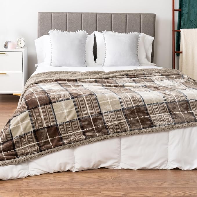 PAVILIA Twin Plaid Sherpa Throw Blanket for Couch Sofa Bed, Taupe, 60x80 | GSM 460; Soft Plush Flannel Fleece; Warm&Cozy for Home; Machine Washable, Perfect Cabin Decor Winter Holiday Christmas Gift
