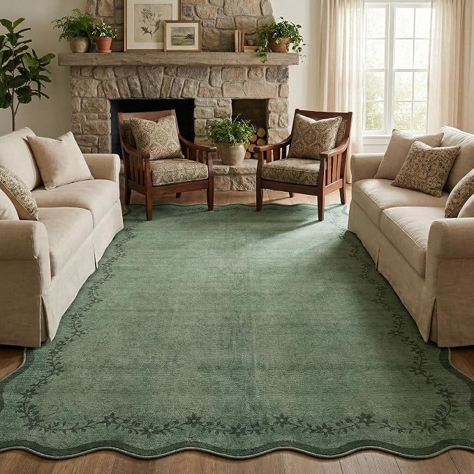 GarveeHome Scalloped Area Rugs 8x10 Large Green Washable Living Room Rug | Soft Floral Non Slip Backing Floor Mat Carpet Indoor Thin Rug for Bedroom Dining Room Playroom Nursery Home Decor