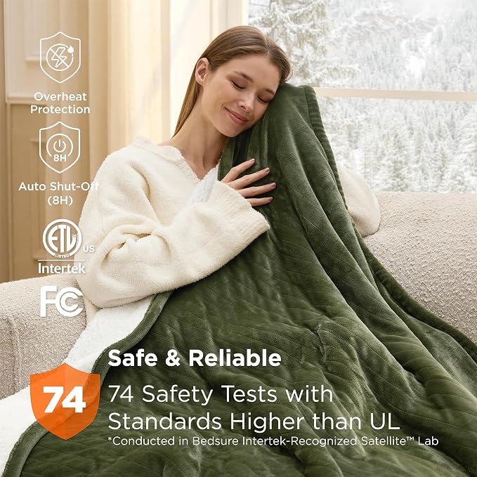 Bedsure Heated Blanket Full Size, Soft Electric Blanket with Preheat, Green | 6 Heat/6 Timer Settings, 8H Auto Shut-Off, ETL/FCC, Flannel Sherpa, Machine Washable, Gifts for Grandma Grandpa, 72x84in