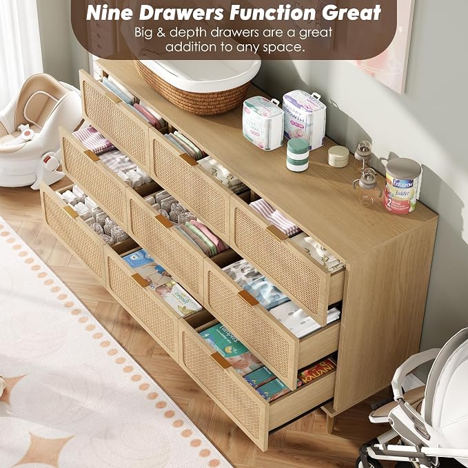 GarveeHome Rattan 9 Drawer Dressers for Bedroom, Deep Drawer, Natural | Tall Dresser, Wide Top, for Living Room, Hallway, Kids Room, Large Chest of Drawers for Closet, Long Wooden Dresser