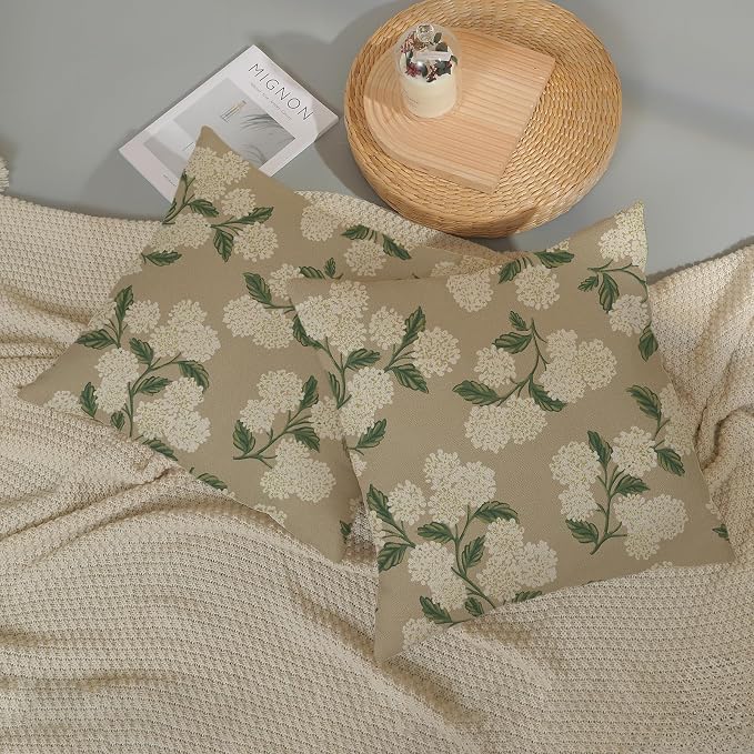 Beige Spring Pillow Covers 22x22 Inch 2 Pcs Khaki Green Hydrangea Flower Decor Throw Pillows Vintage Floral Seasonal Summer Outdoor Decoration Pillowcase Linen Cushion Cover for Couch Sofa