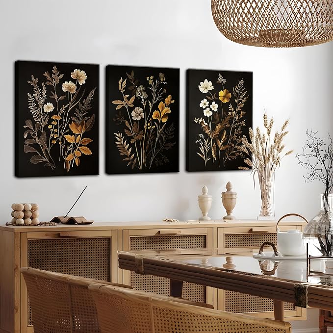 Vintage Black Flower Wall Art Decor Set of 3, Beautiful Wildflower Botanical Canvas Prints, Dark Academia Fall Floral Poster Painting Picture for Bedroom Living Room 16x24 Inch Framed