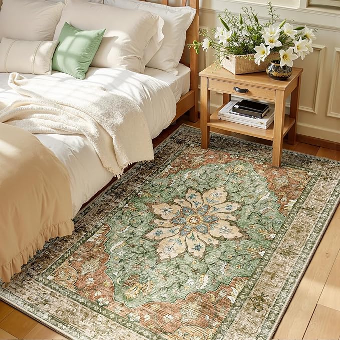 RELEANY Washable Area Rug, 3'x5', Brick/Brown/Green | Non-Slip, Water Repellent, Pet Friendly, Easy to Clean, Vintage Floral Boho Decor for Living Room Bedroom Beside Kitchen