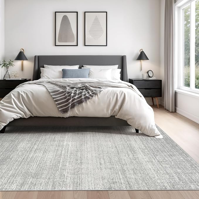 5x8 Area Rug Non Slip, Large Washable Rugs for Living Room, Grey | Soft Low Pile, Thin & Lighweight Carpet, Folable Stain Resistant Modern Indoor Floor Mat for Bedroom, Dining Room, Home Decor