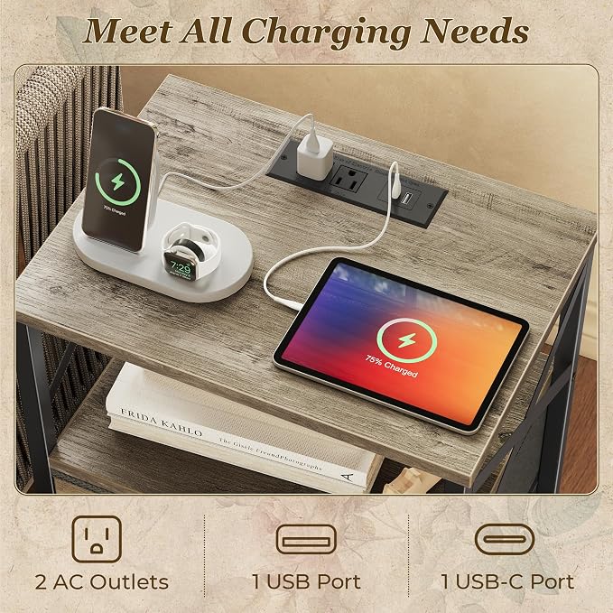 Huuger Nightstand Set of 2 with Charging Station, USB-C Port, End Tables | Night Stand with 2 Drawer Side Table with Open Shelf, Bedside Table for Small Spaces, X Shaped Side Rail, Oak