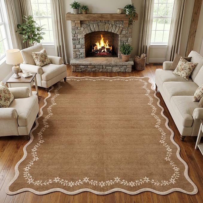 GarveeHome 6x9 Scalloped Area Rug Soft Washable Rug for Living Room Bedroom | Soft Brown Low Pile Non Slip Accent Floor Mat Solid Print Throw Rug Indoor Carpet for Dining Room Dorm Playroom