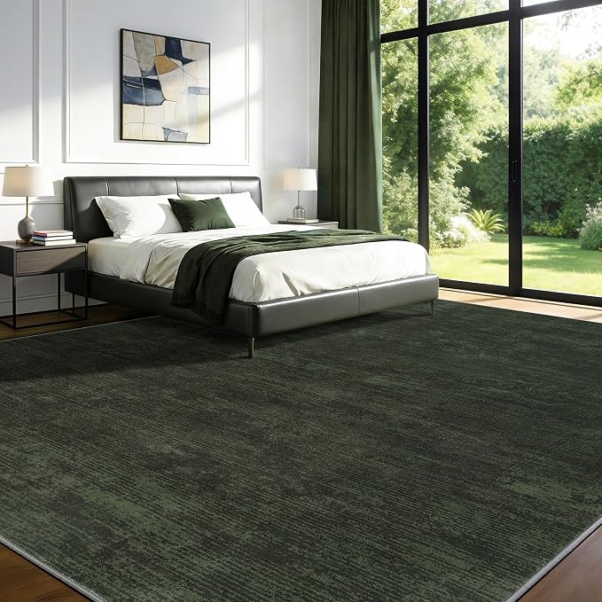 9x12 Washable Area Rug, Dark Green Solid Area Rugs for Living Room&Bedroom | Stain-resistant & Non-slip backing,Low Pile Washable Large Carpet,Solid Vintage Style For High Traffic Areas(9x12,Dark Green)